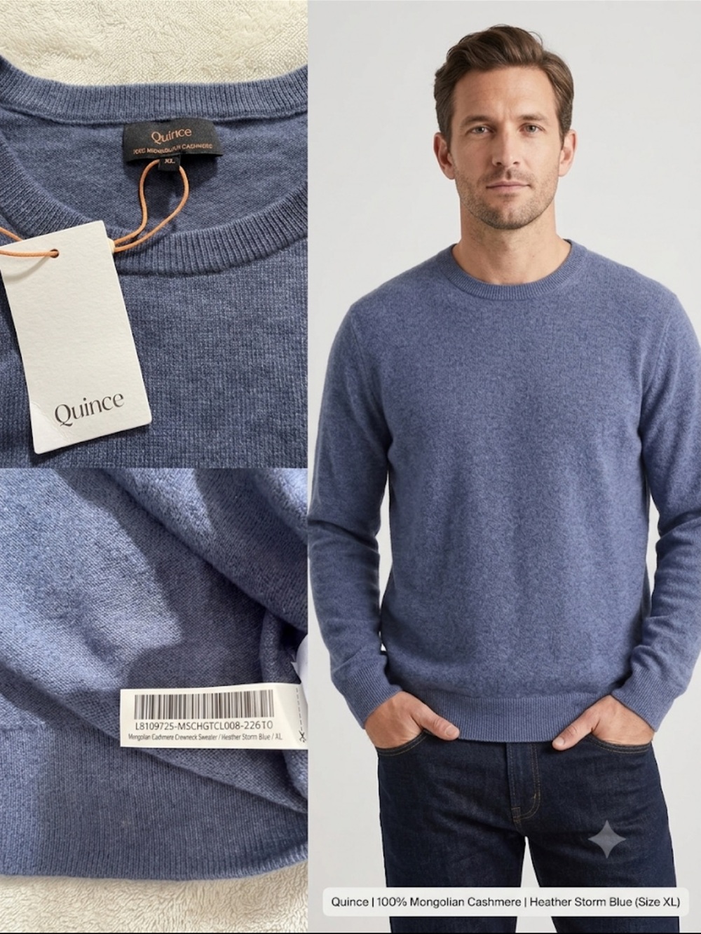 NWT Quince 100% Mongolian Cashmere Crewneck Sweater Heather Storm Blue XL